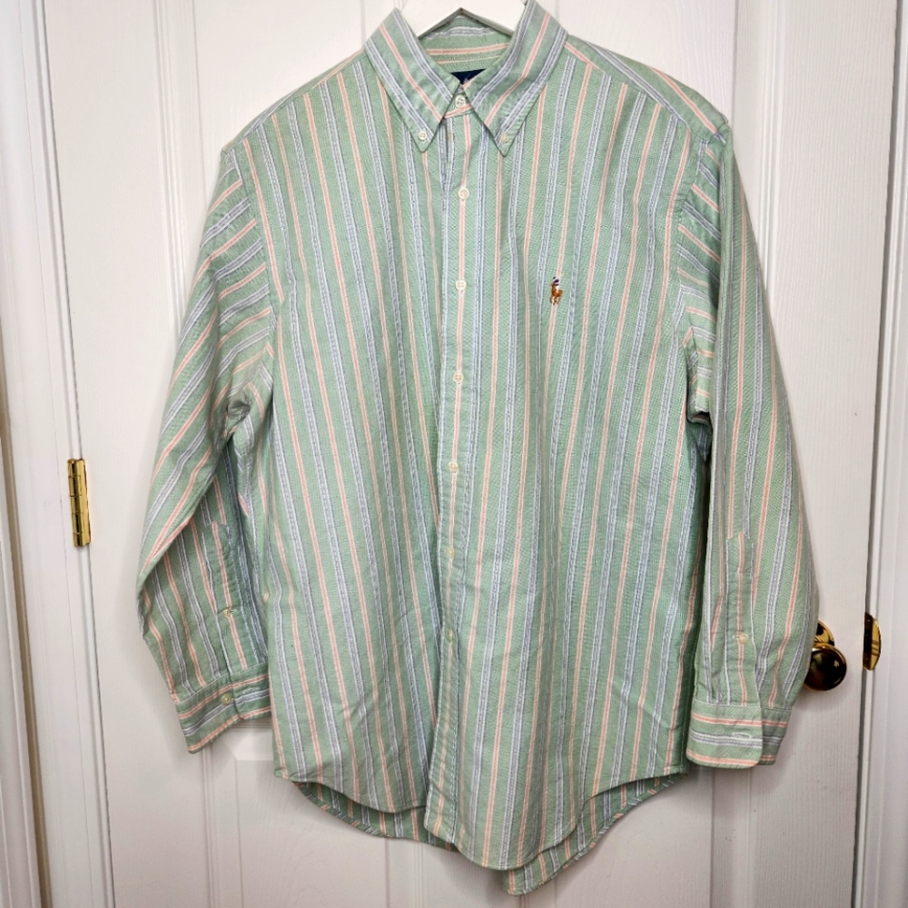 Ralph Lauren Oxford Stripe Flesh Pony Button Down Shirt Classic Fit Green Pink